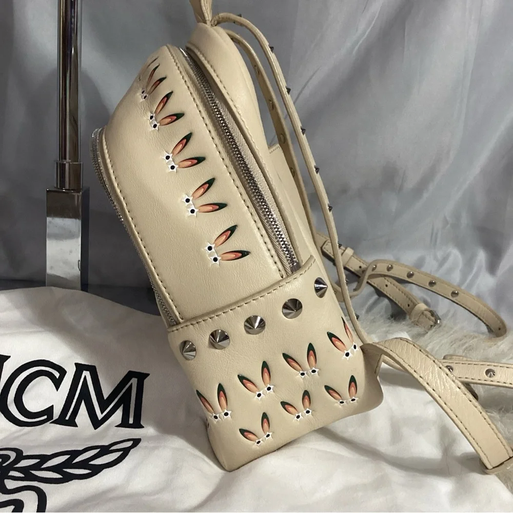 MCM Star Eyed Bunny Rabbit Lambskin Mini Backpack Studded Straps Pink Suede Int